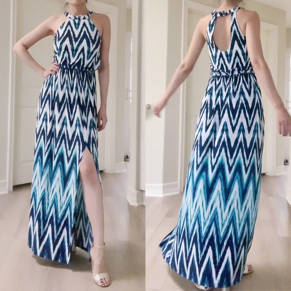 👗 Trixxi Asymmetric Aqua Blue Elastic Waist Zig Zags Maxi Dress
